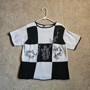 Lucia | Size SP | Black and White Checkered Womens Short Sleeve Knit Top